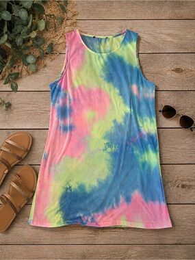 Tie-Dye Sleeveless Tank Top Dress Pink, Blue & Lime - Comfortable Summer Layer